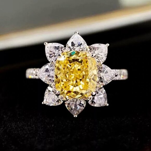 NEW 925 Sterling Silver Diamond Sunflower Ring Flower Citrine Ring - Picture 2 of 6